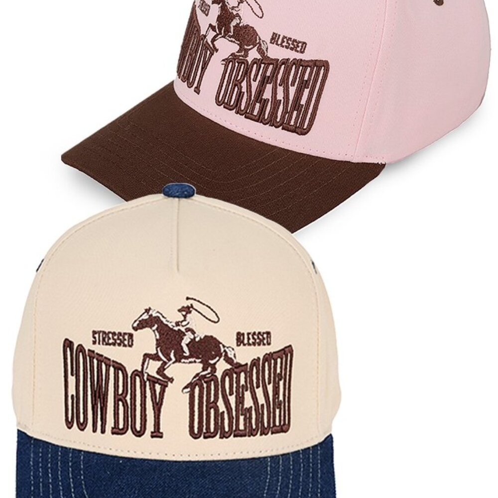 Cowboy Obsessed Stressed Blessed Letter Embroidered Cotton Trucker SnapBack Cap